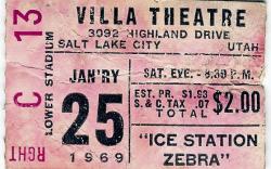 Ticket stub for seat C13 in the Right Lower Stadium section, for the 25 January 1969 showing of "Ice Station Zebra" at the Villa Theatre