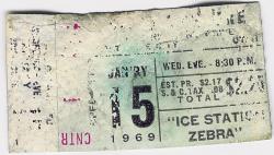 A ticket for a seat in the Center Upper Stadium section, for the 15 January 1969 evening showing of "Ice Station Zebra" at the Villa Theatre