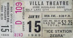 Complete ticket stub for "Ice Station Zebra" at the Villa Theatre on 15 January 1969