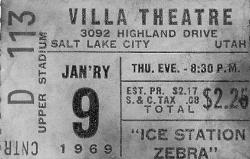 Ticket stub for seat D113 in the Center Upper Stadium section, for the 9 January 1969 showing of "Ice Station Zebra" at the Villa Theatre