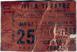 A stained ticket stub for seat K10 in the Left Upper Stadium section, for "Ice Station Zebra "at the Villa Theatre