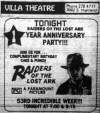 One year anniversary ad for "Raiders of the Lost Ark".